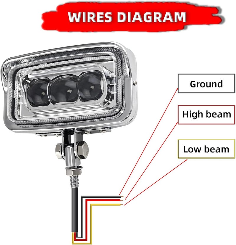 FATECIM 6.5" x 3.5" Vintage Motorcycle Square LED Headlight Hi/Lo Beam Retro Rectangular Headlamp with Visor Bottom Mount Universal For Harley Cruiser Bobber Chopper Yamaha Honda Cafe Racer Chrome - Image 5